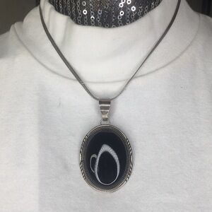 Vintage Native Sterling Signed Onyx Pendant Pendant Herringbone silver Chain